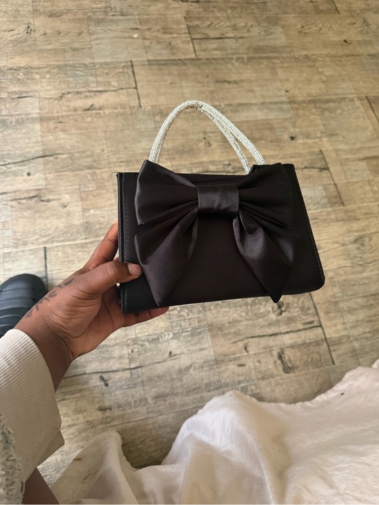 Handbags - Black Satin Mini Top-Handle Bag with Decorative Bow